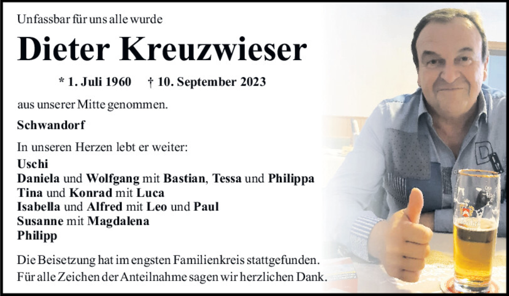  Traueranzeige für Dieter Kreuzwieser vom 18.09.2023 aus Mittelbayerische Zeitung Schwandorf