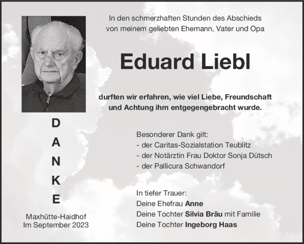  Traueranzeige für Eduard Liebl vom 16.09.2023 aus Mittelbayerische Zeitung Schwandorf