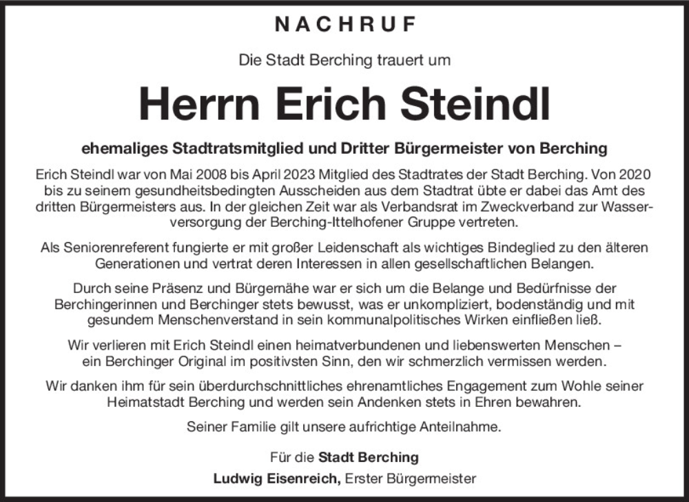  Traueranzeige für Erich Steindl vom 28.09.2023 aus Neumarkter Tagblatt