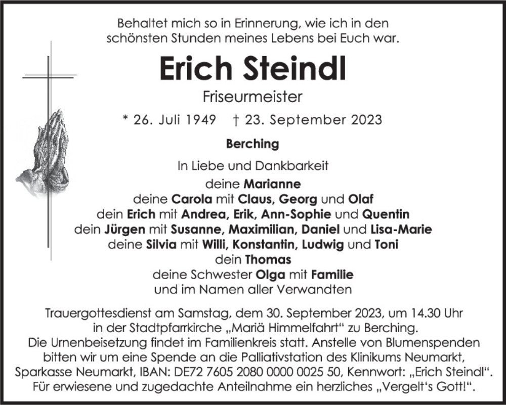  Traueranzeige für Erich Steindl vom 27.09.2023 aus Neumarkter Tagblatt