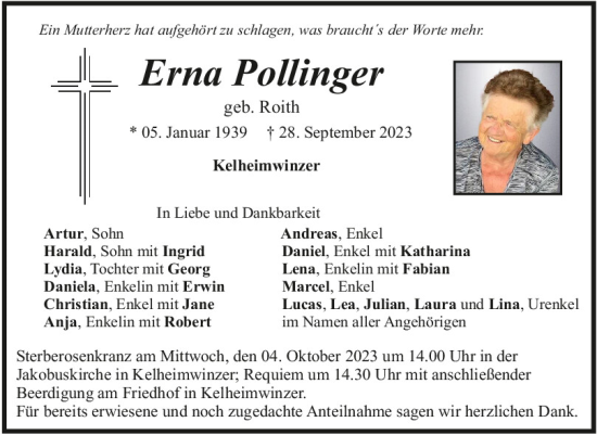 Traueranzeige von Erna Pollinger von Mittelbayerische Zeitung Kelheim