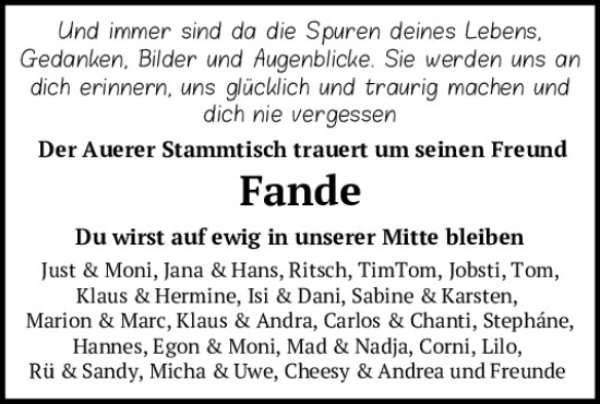 Traueranzeige von Fande  von Mittelbayerische Zeitung Regensburg