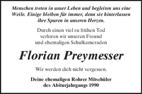 Traueranzeige von Florian Preymesser von Mittelbayerische Zeitung Kelheim