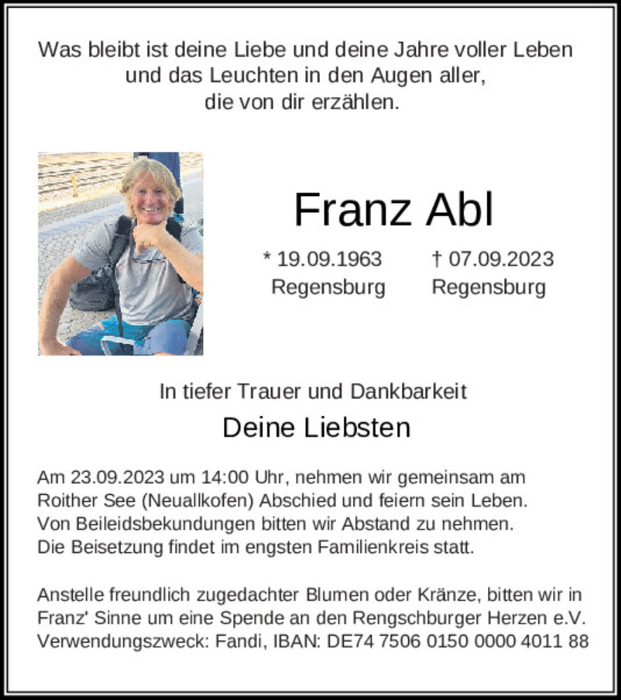  Traueranzeige für Franz Abl vom 19.09.2023 aus Mittelbayerische Zeitung Regensburg