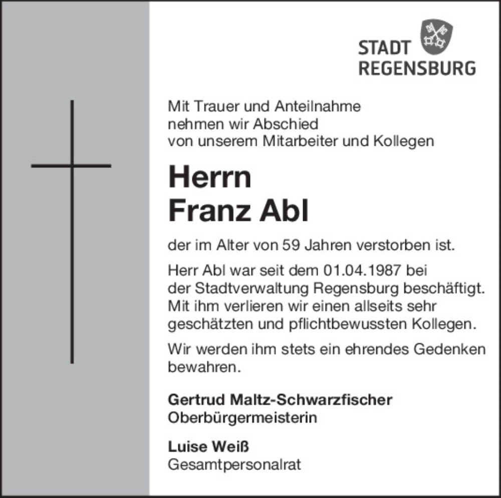 Traueranzeige für Franz Abl vom 22.09.2023 aus Mittelbayerische Zeitung Regensburg
