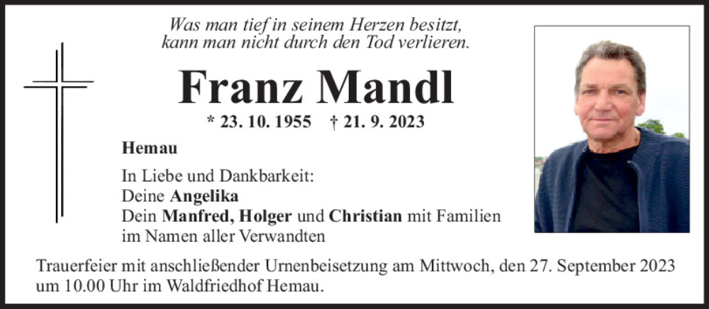  Traueranzeige für Franz Mandl vom 23.09.2023 aus Mittelbayerische Zeitung Regensburg