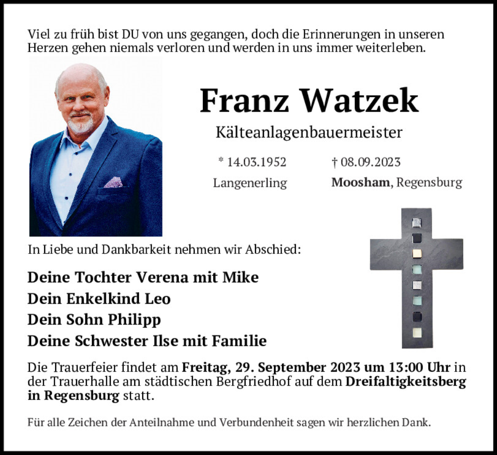  Traueranzeige für Franz Watzek vom 19.09.2023 aus Mittelbayerische Zeitung Regensburg