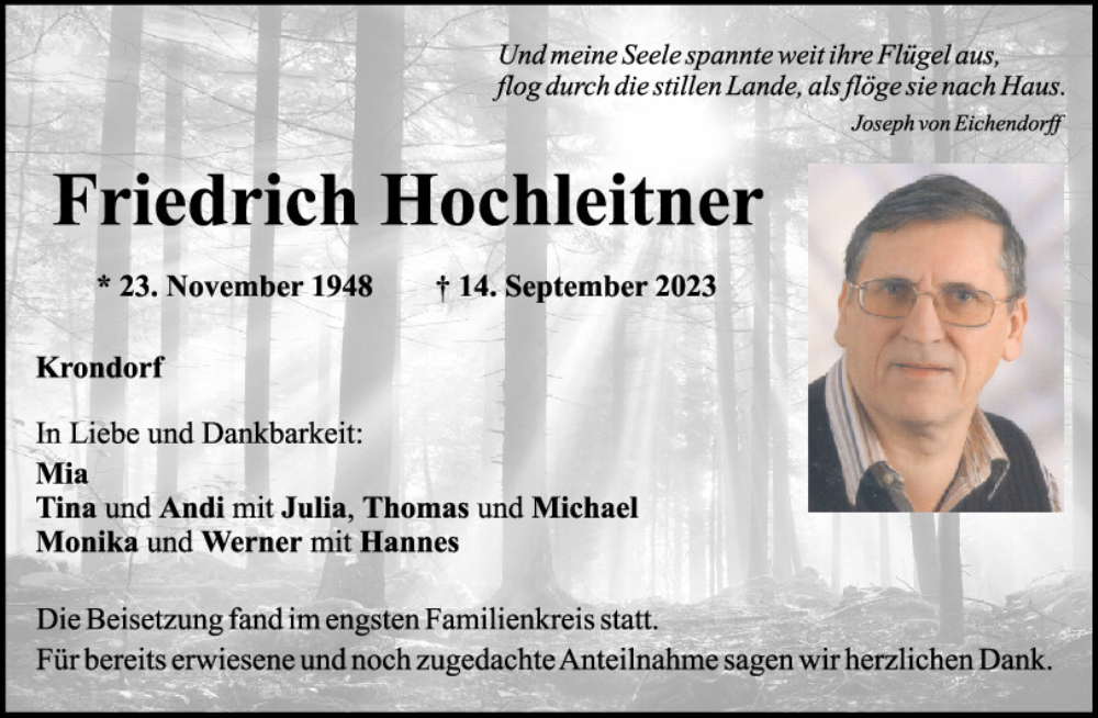  Traueranzeige für Friedrich Hochleitner vom 18.09.2023 aus Mittelbayerische Zeitung Schwandorf