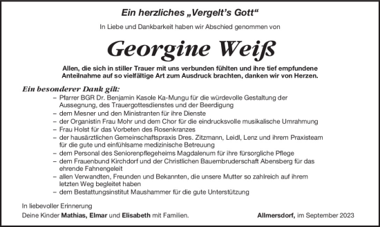 Traueranzeige von Georgine Weiß von Mittelbayerische Zeitung Kelheim