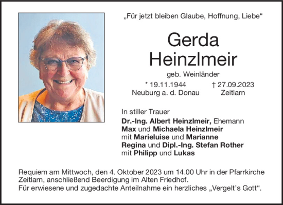 Traueranzeige von Gerda Heinzlmeir von Mittelbayerische Zeitung Regensburg
