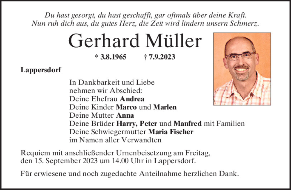  Traueranzeige für Gerhard Müller vom 09.09.2023 aus Mittelbayerische Zeitung Regensburg