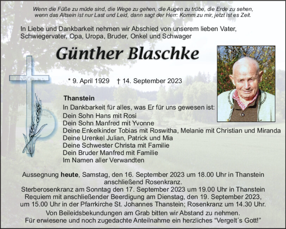  Traueranzeige für Günther Blaschke vom 16.09.2023 aus Mittelbayerische Zeitung Schwandorf