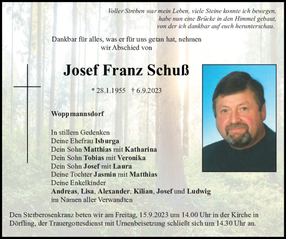  Traueranzeige für Josef Franz Schuß vom 09.09.2023 aus Bayerwald Echo