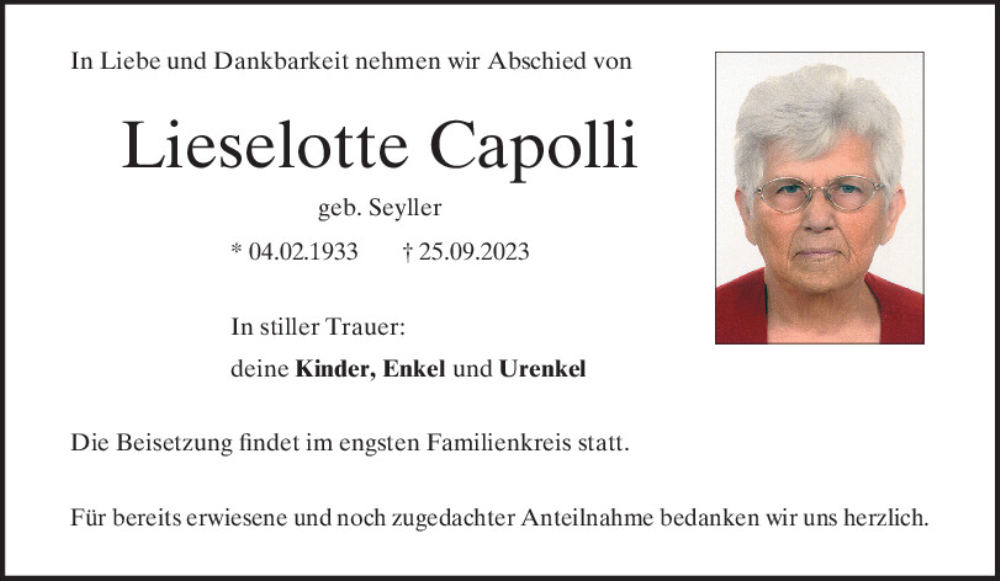  Traueranzeige für Lieselotte Capolli vom 30.09.2023 aus Mittelbayerische Zeitung Regensburg
