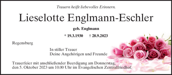 Traueranzeige von Lieselotte Englmann-Eschler von Mittelbayerische Zeitung Regensburg