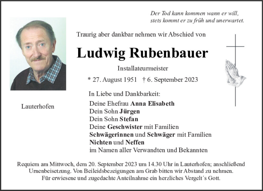  Traueranzeige für Ludwig Rubenbauer vom 16.09.2023 aus Neumarkter Tagblatt