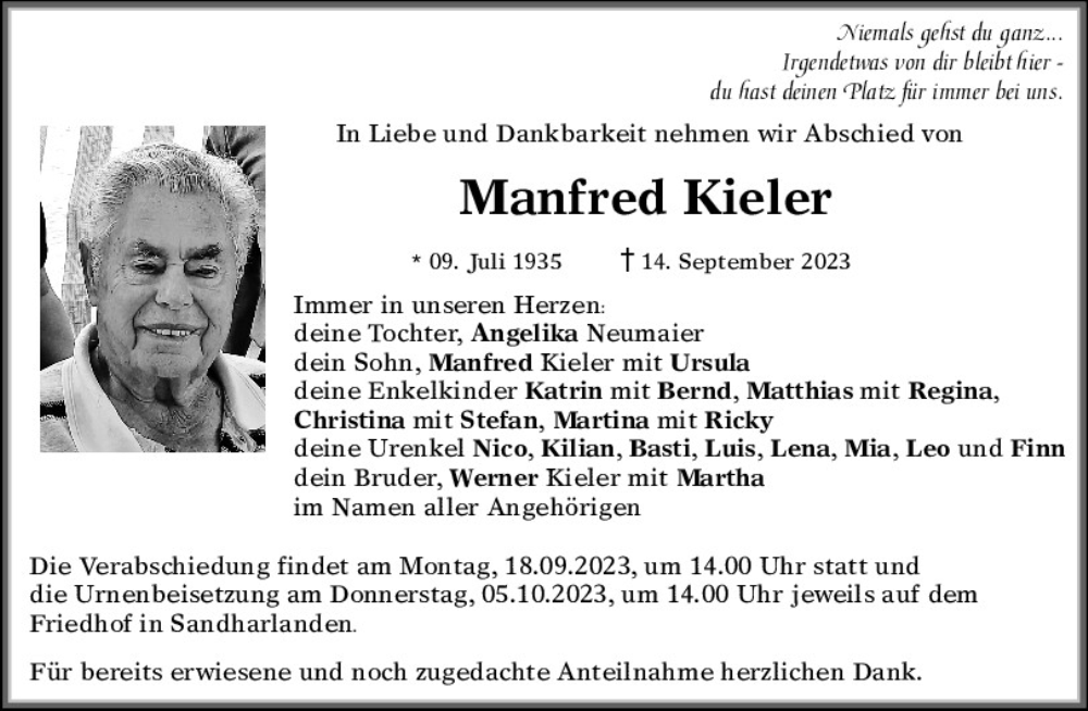  Traueranzeige für Manfred Kieler vom 16.09.2023 aus Mittelbayerische Zeitung Kelheim