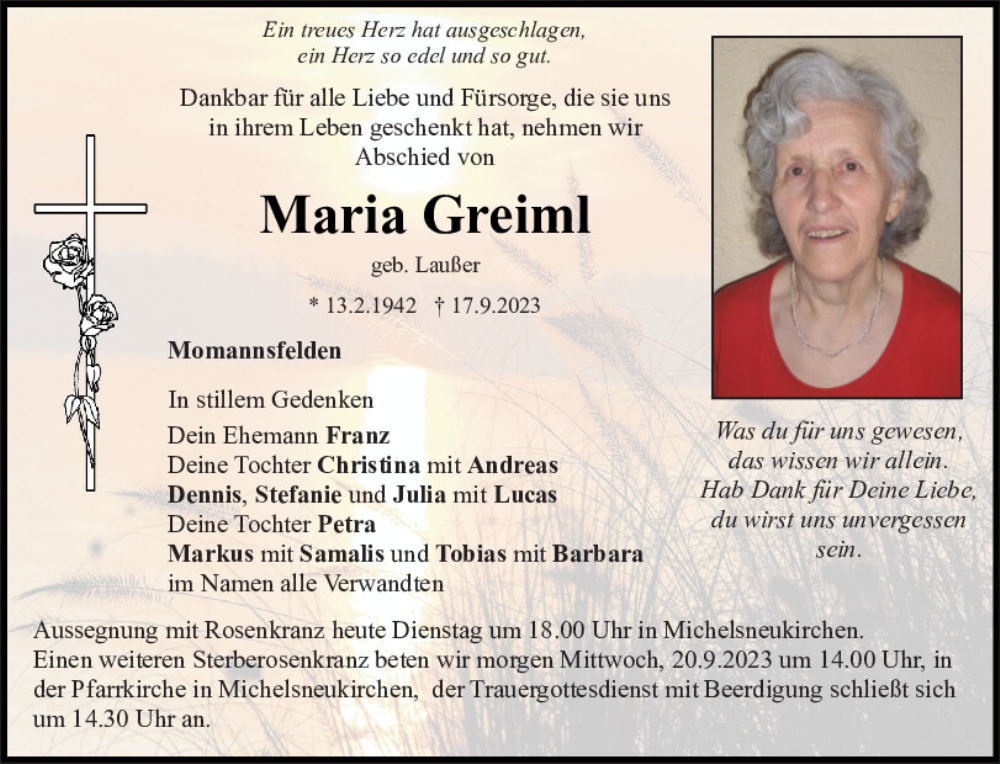  Traueranzeige für Maria Greiml vom 19.09.2023 aus Bayerwald Echo