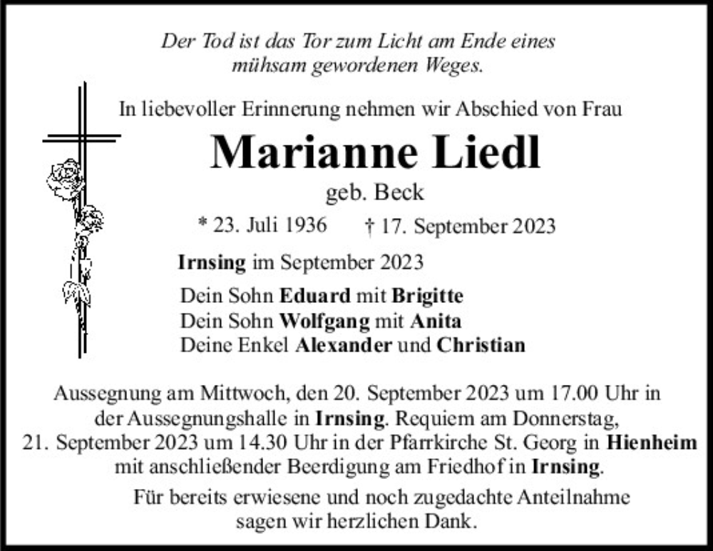  Traueranzeige für Marianne Liedl vom 19.09.2023 aus Mittelbayerische Zeitung Kelheim