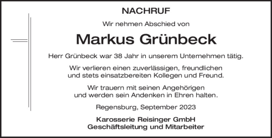 Traueranzeige von Markus Grünbeck von Mittelbayerische Zeitung Regensburg