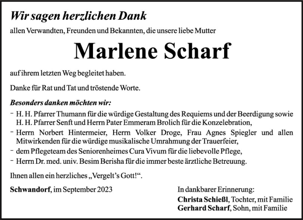  Traueranzeige für Marlene Scharf vom 30.09.2023 aus Mittelbayerische Zeitung Schwandorf