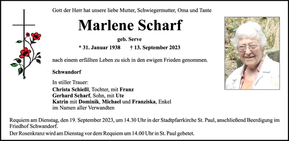  Traueranzeige für Marlene Scharf vom 16.09.2023 aus Mittelbayerische Zeitung Schwandorf