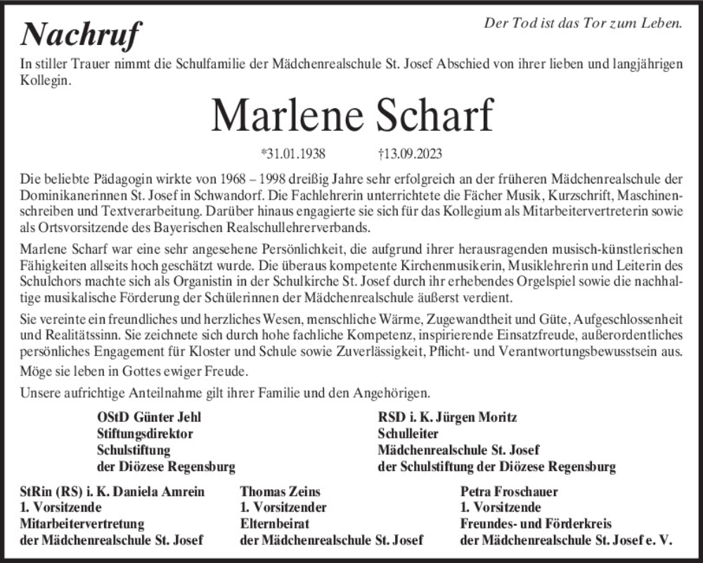  Traueranzeige für Marlene Scharf vom 26.09.2023 aus Mittelbayerische Zeitung Schwandorf