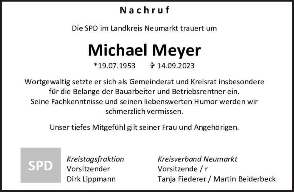  Traueranzeige für Michael Meyer vom 21.09.2023 aus Neumarkter Tagblatt