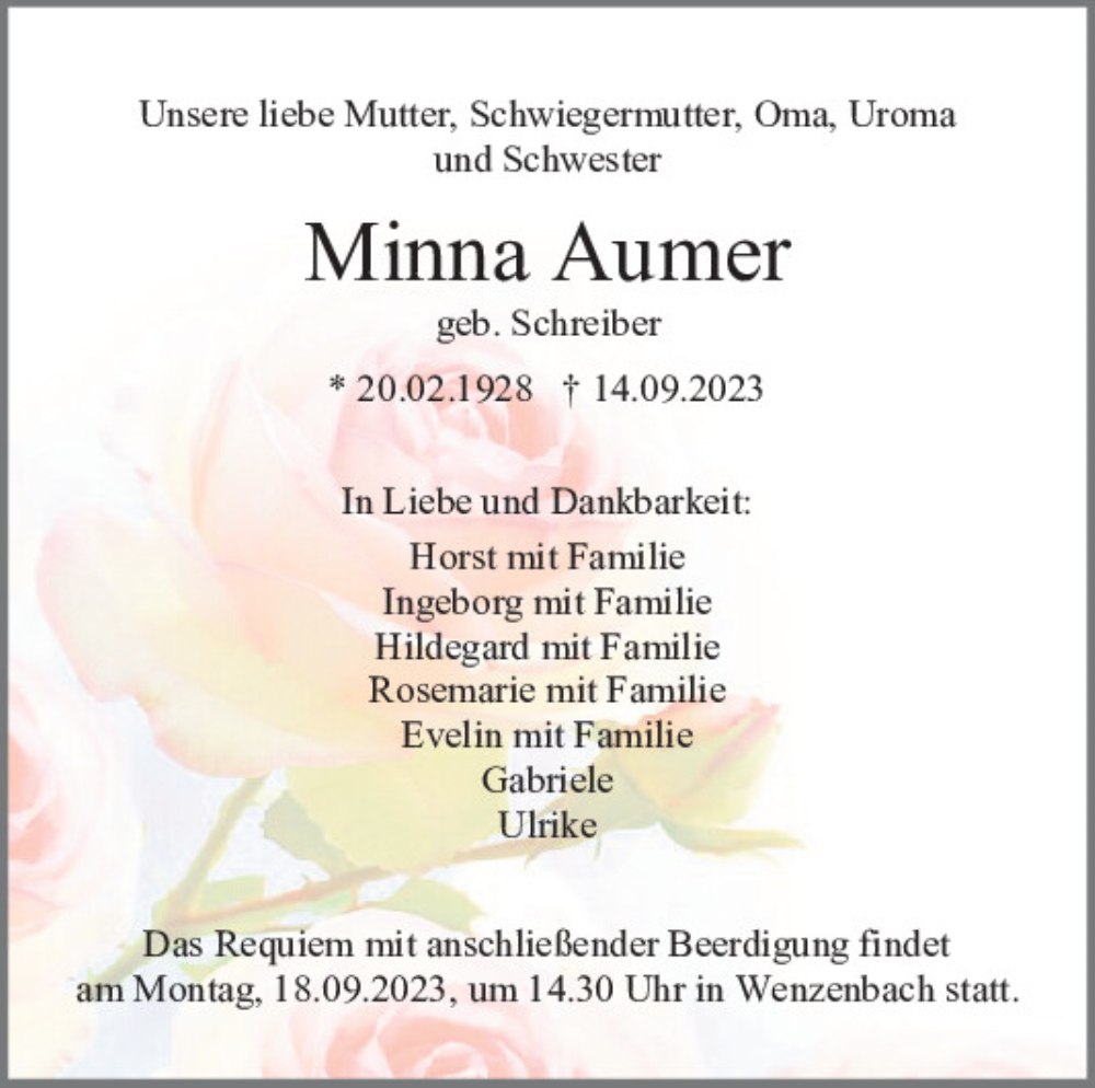  Traueranzeige für Minna Aumer vom 16.09.2023 aus Mittelbayerische Zeitung Regensburg