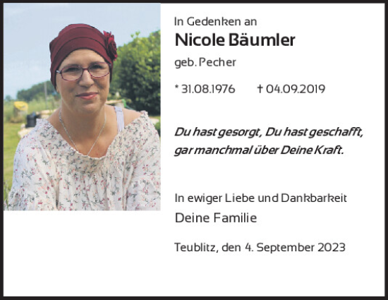 Traueranzeige von Nicole Bäumler von Mittelbayerische Zeitung Schwandorf