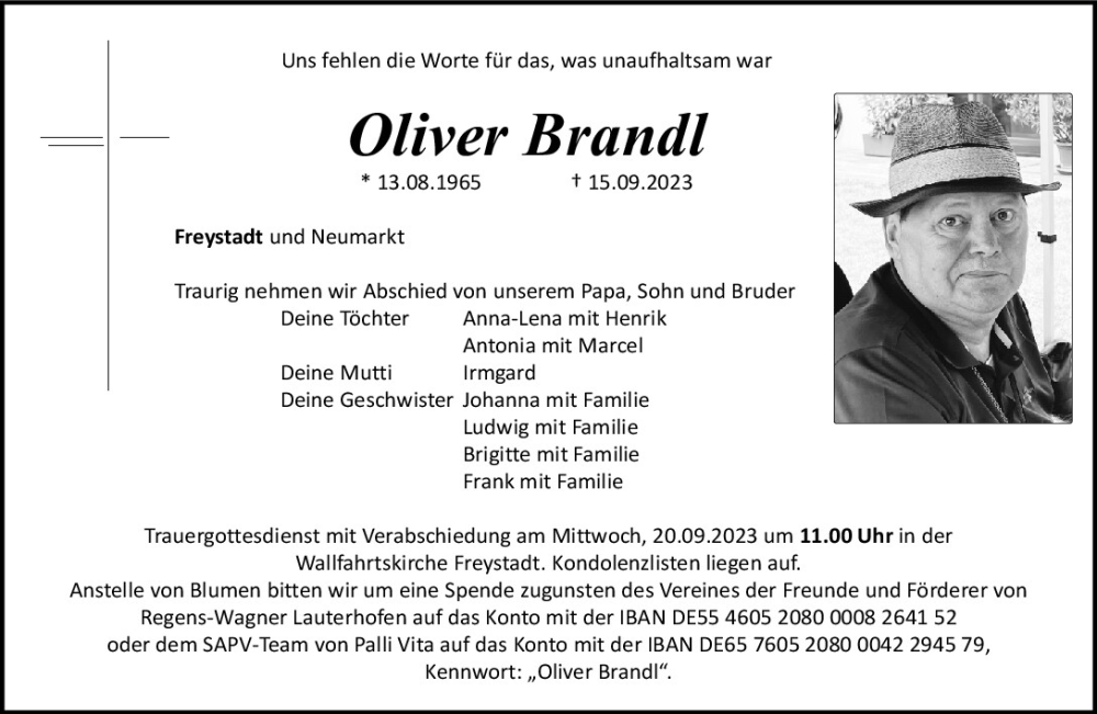  Traueranzeige für Oliver Brandl vom 19.09.2023 aus Neumarkter Tagblatt
