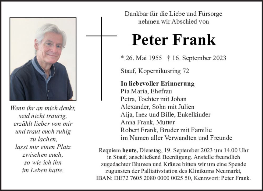  Traueranzeige für Peter Frank vom 19.09.2023 aus Neumarkter Tagblatt