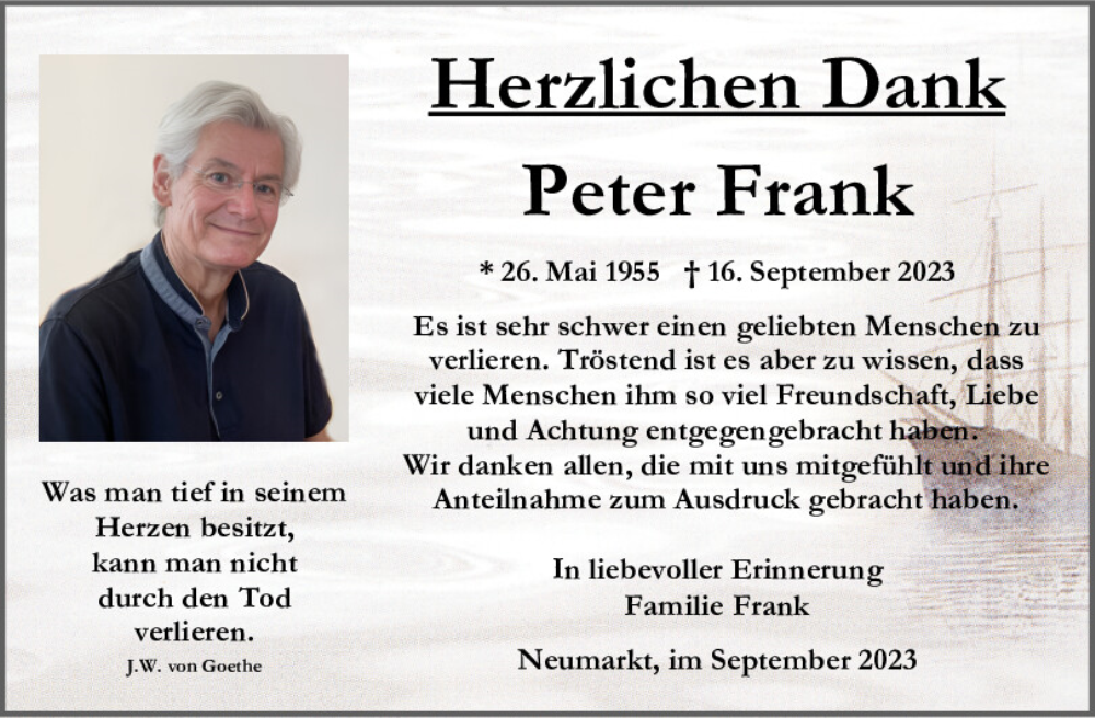  Traueranzeige für Peter Frank vom 30.09.2023 aus Neumarkter Tagblatt