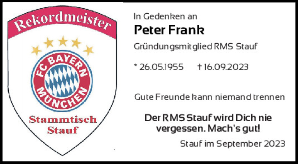  Traueranzeige für Peter Frank vom 26.09.2023 aus Neumarkter Tagblatt