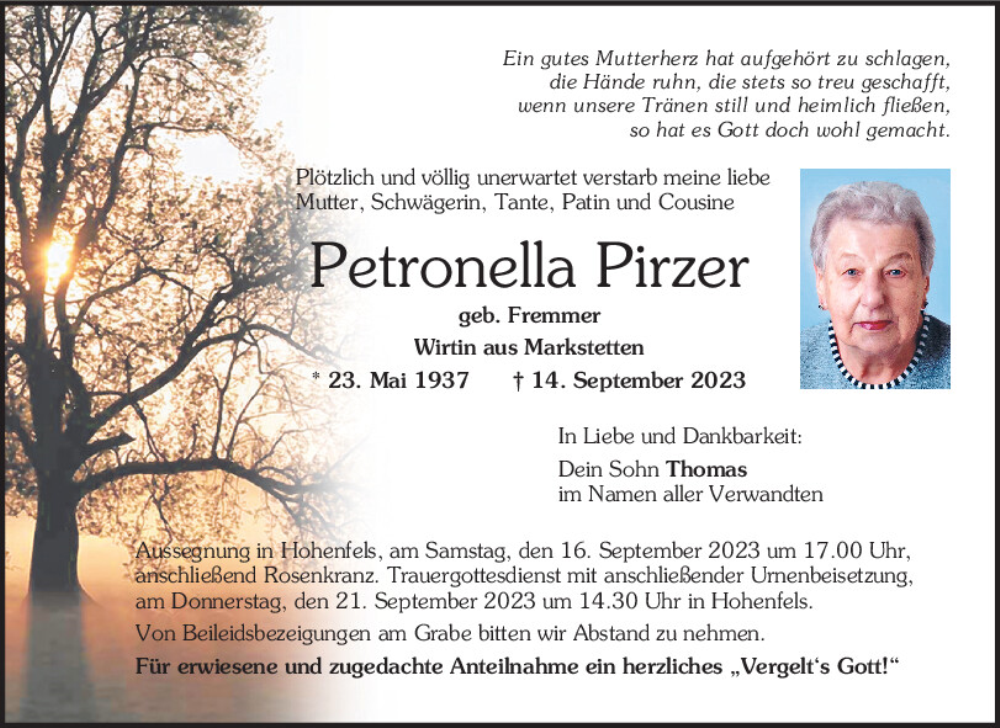  Traueranzeige für Petronella Pirzer vom 15.09.2023 aus Mittelbayerische Zeitung Regensburg