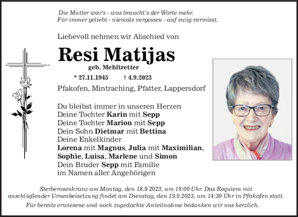  Traueranzeige für Resi Matijas vom 16.09.2023 aus Mittelbayerische Zeitung Regensburg