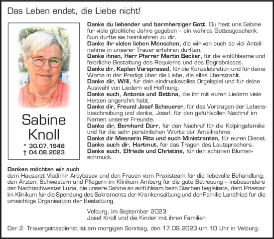 Traueranzeige von Sabine Knoll von Neumarkter Tagblatt