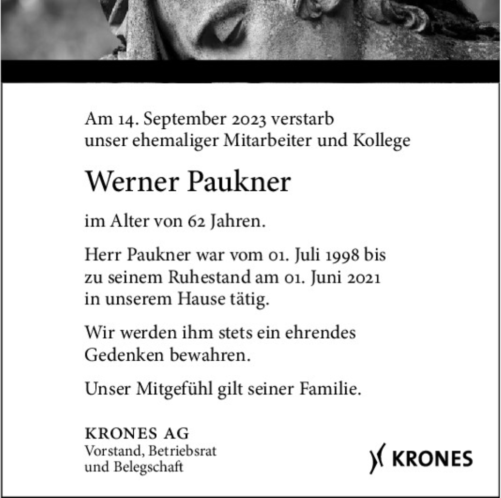  Traueranzeige für Werner Paukner vom 23.09.2023 aus Mittelbayerische Zeitung Regensburg