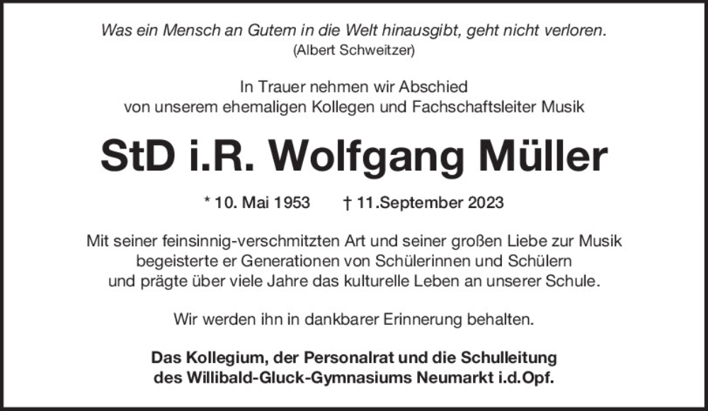  Traueranzeige für Wolfgang Müller vom 27.09.2023 aus Neumarkter Tagblatt