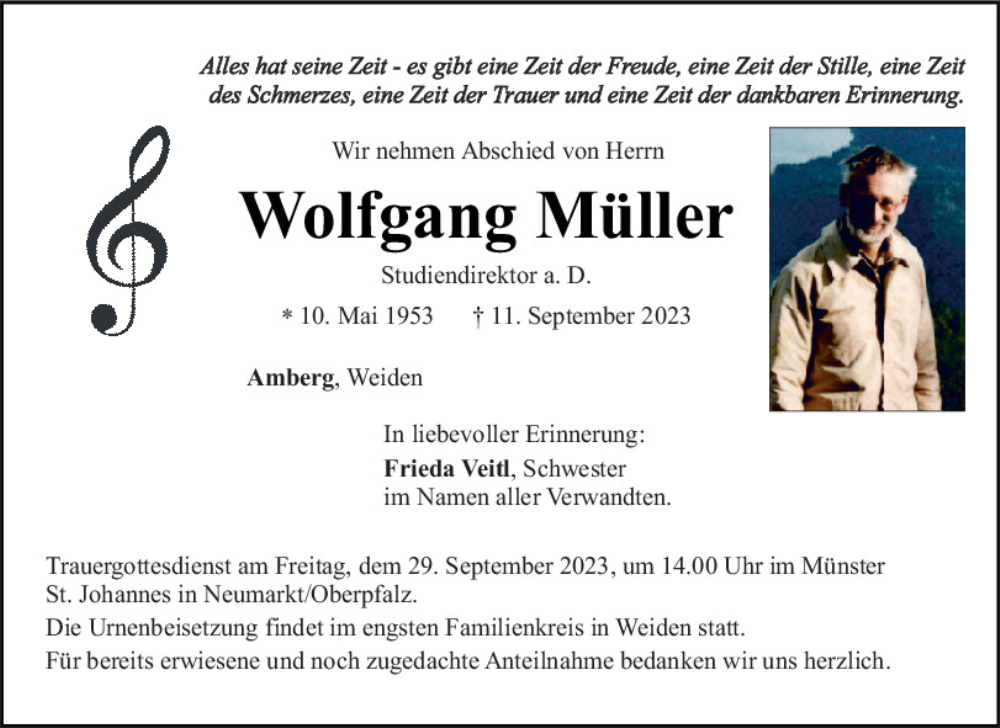  Traueranzeige für Wolfgang Müller vom 23.09.2023 aus Neumarkter Tagblatt