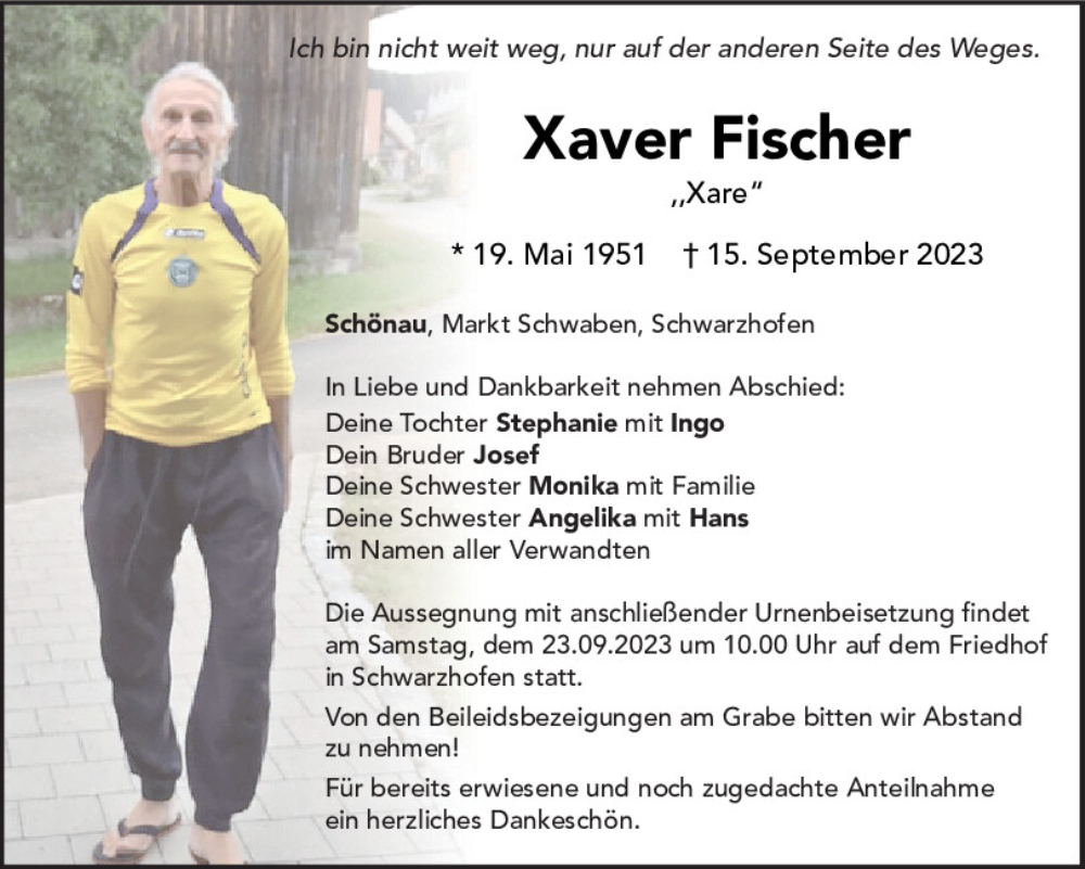  Traueranzeige für Xaver Fischer vom 21.09.2023 aus Mittelbayerische Zeitung Schwandorf