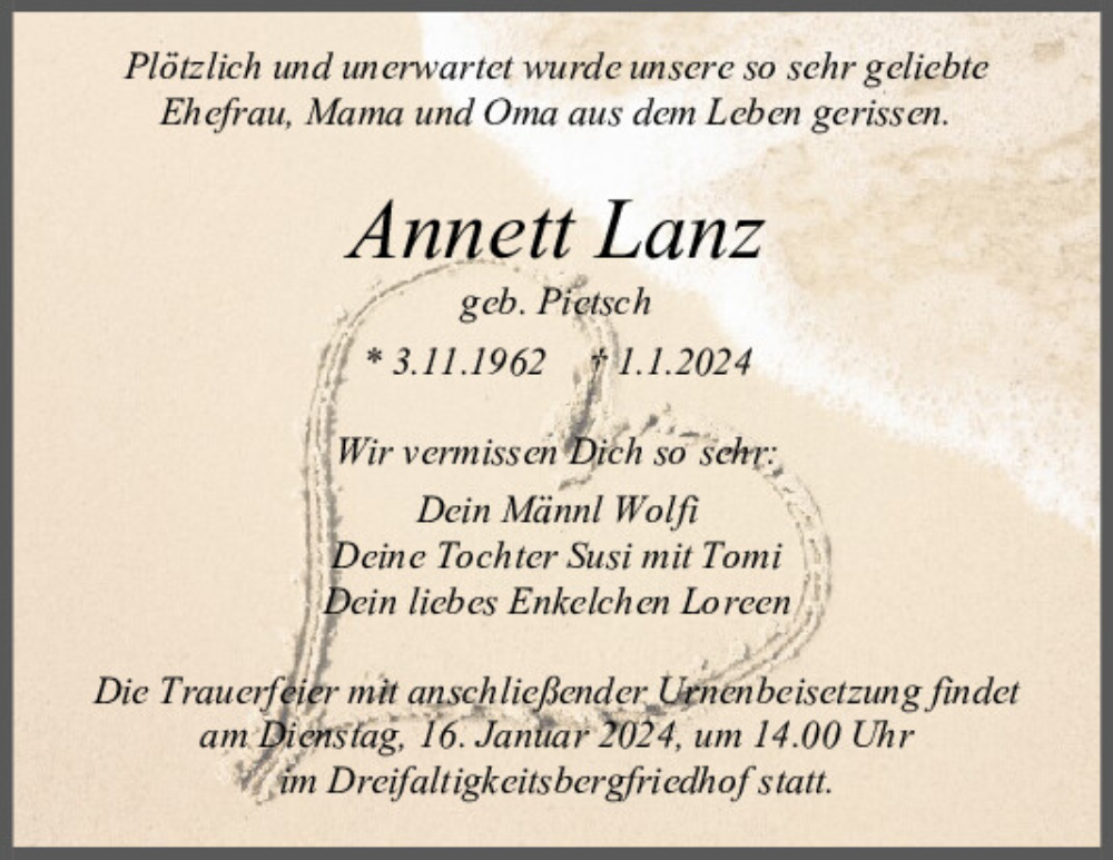  Traueranzeige für Annett Lanz vom 13.01.2024 aus Mittelbayerische Zeitung Regensburg