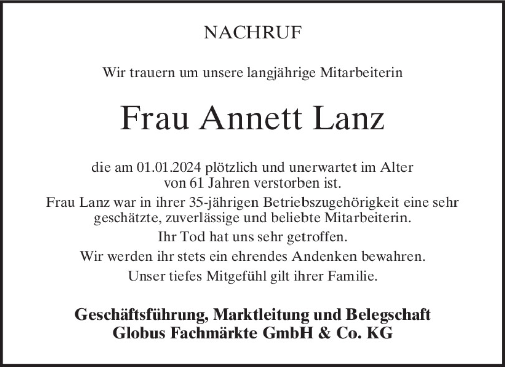  Traueranzeige für Annett Lanz vom 17.01.2024 aus Mittelbayerische Zeitung Regensburg