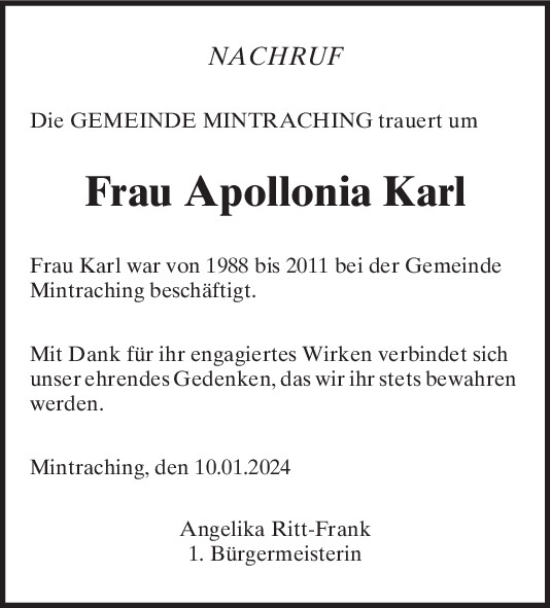 Traueranzeige von Apollonia Karl von Mittelbayerische Zeitung Regensburg
