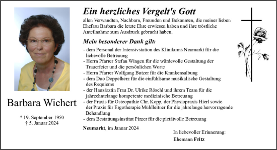 Traueranzeige von Barbara Wichert von Neumarkter Tagblatt