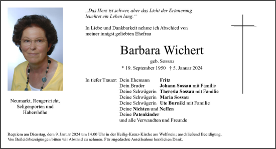 Traueranzeige von Barbara Wichert von Neumarkter Tagblatt
