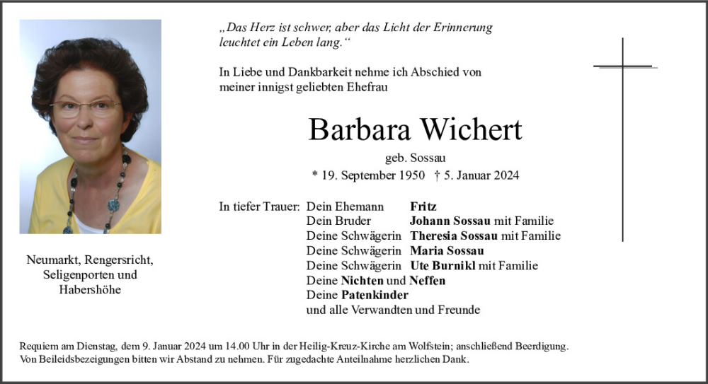  Traueranzeige für Barbara Wichert vom 06.01.2024 aus Neumarkter Tagblatt