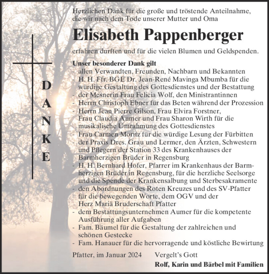 Traueranzeige von Elisabeth Pappenberger von Mittelbayerische Zeitung Regensburg