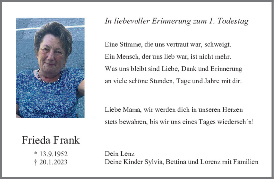 Traueranzeige von Frieda Frank von Mittelbayerische Zeitung Regensburg