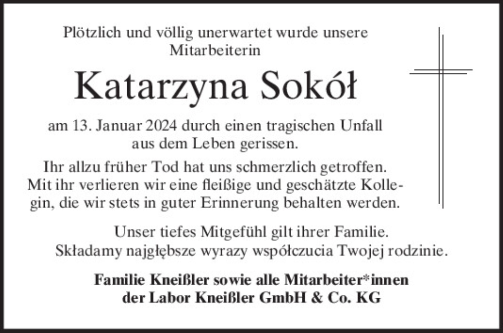  Traueranzeige für Katarzyna Sokol vom 20.01.2024 aus Mittelbayerische Zeitung Schwandorf